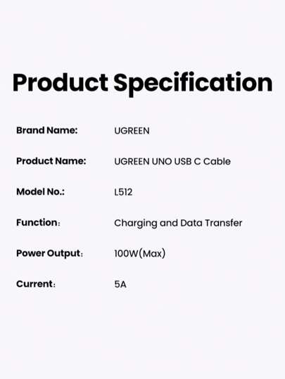 UGREEN Uno 100W Type C Fast Charging Cable
