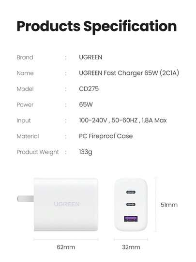 UGREEN 65W Fast Charger 3 Ports Type C