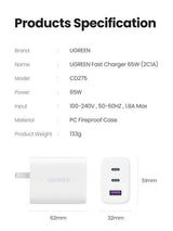 UGREEN 65W Fast Charger 3 Ports Type C