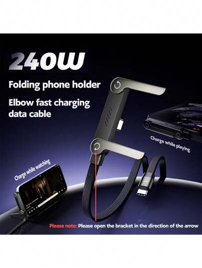 240W-65W Foldable Fast Charging Cable With Adjustable Phone Holder, Dual Type-C & USB-C Super Fast Charging, Bend-Proof Design, Compatible With Apple 15-17 Series, S, Suitable For Car And Home Use