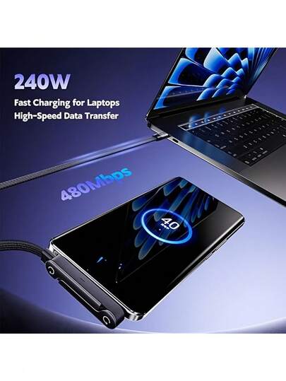 240W-65W Foldable Fast Charging Cable With Adjustable Phone Holder, Dual Type-C & USB-C Super Fast Charging, Bend-Proof Design, Compatible With Apple 15-17 Series, S, Suitable For Car And Home Use