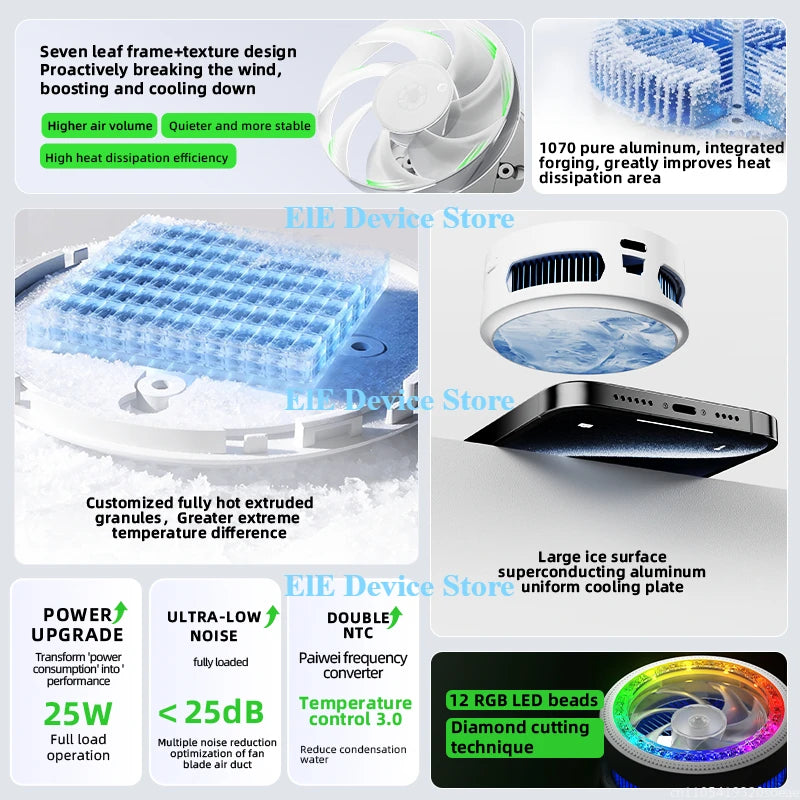 PIVA B3 25W Gaming Mobile Cooling Fan Colorful Led Light Semiconductor Mobile Phone Cooler Magnetic and Rotatable Clip for PUBG